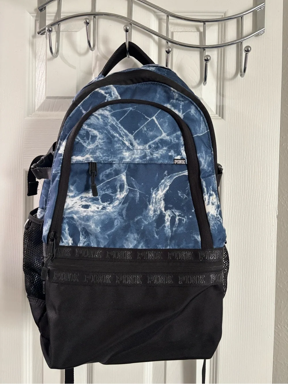 PINK Victoria's Secret Blue Marble Print Backpack with Black Base